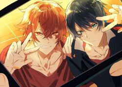1other 2boys absurdres ace_trappola black_hair black_shirt blush camera closed_mouth collarbone commentary_request deuce_spade facial_tattoo fang hair_between_eyes hand_on_another&#039;s_shoulder highres holding holding_camera male_focus multiple_boys nana_tetra polo_shirt red_eyes red_hair red_shirt shirt short_hair smile taking_picture tattoo twisted_wonderland upper_body v