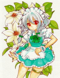 1girl apron aqua_skirt aqua_vest bow bowtie braid breasts closed_mouth cowboy_shot floral_background flower frilled_apron frilled_skirt frills green_bow green_bowtie grey_hair hair_between_eyes hair_bow izayoi_sakuya leaf maid maid_headdress medium_hair piyosuka puffy_short_sleeves puffy_sleeves red_eyes shirt short_sleeves skirt small_breasts solo touhou twin_braids vest waist_apron white_apron white_flower white_shirt wrist_cuffs