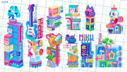 3d blockbench_(medium) building colorful commentary digital_stars english_commentary figure fish grid_background guitar hatsune_miku heisei_retro instrument kagamine_len kagamine_rin kaito_(vocaloid) low_poly megurine_luka no_humans object_focus official_art radiant_revival_(vocaloid) shrimp sign smiley_face star_(symbol) television violet_(violxiv) vocaloid