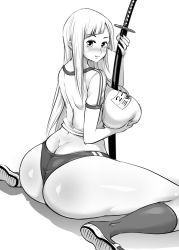 1girl ass between_breasts blush breasts buruma butt_crack chiroru_(pixiv42406369) grabbing_own_breast greyscale gym_uniform huge_ass jujutsu_kaisen katana large_breasts long_hair looking_at_viewer miwa_kasumi monochrome short_sleeves sitting smile socks solo sword thick_thighs thighs wariza weapon white_background