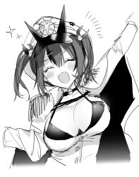 Rule 34 | 1girl, absurdres, anchor symbol, bare shoulders, bikini, black bikini, blush, breasts, cleavage, closed eyes, eyelashes, fang, goddess of victory: nikke, greyscale, hair ornament, hairclip, highres, huge breasts, kumo tabetai, mast (nikke), monochrome, multicolored hair, open mouth, short twintails, shorts, simple background, skin fang, solo, sparkle, streaked hair, swimsuit, twintails, v, white background