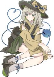 1girl adapted_costume black_hat bow commentary_request detached_sleeves eyeball green_eyes green_hair green_skirt hat hat_bow hat_ornament heart heart_hat_ornament heart_of_string high_heels highres japanese_clothes kimono komeiji_koishi looking_at_viewer obi open_mouth sash shoes simple_background skirt socks solo tamagogayu1998 third_eye touhou white_background white_socks yellow_bow yellow_kimono
