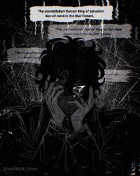 black_coat black_eyes black_hair coat crying crying_with_eyes_open dialogue_box distortion english_text glitch grabbing_own_hair greyscale hands_on_own_face highres messy_hair monochrome omniscient_reader&#039;s_viewpoint one_eye_covered scratches tears upper_body vacation_town