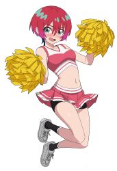 1girl amate_yuzuriha aqua_eyes black_shorts black_socks blush breasts cheerleader crop_top embarrassed gundam gundam_gquuuuuux highres jumping kousuke0912 medium_breasts microskirt midriff miniskirt navel open_mouth pom_pom_(cheerleading) red_hair red_shirt red_skirt shirt shoes short_hair short_shorts shorts simple_background skirt sleeveless sleeveless_shirt sneakers socks solo stomach white_background white_shoes yellow_pom_poms