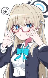 1girl :o \||/ aqua_bow aqua_bowtie bespectacled black_cardigan blonde_hair blue_archive blue_hair blush bow bowtie braid breasts cardigan commentary_request glasses hair_intakes half_up_braid halo highres jamongssui korean_commentary long_hair looking_at_viewer loose_bowtie medium_breasts multicolored_hair red-framed_eyewear school_uniform semi-rimless_eyewear shirt simple_background solo speech_bubble streaked_hair toki_(blue_archive) toki_(school_uniform)_(blue_archive) translation_request two-tone_hair under-rim_eyewear upper_body very_long_hair white_background white_shirt