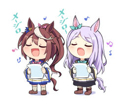 Rule 34 | 2girls, animal ears, brown hair, brown shoes, chibi, chibi only, choir, closed eyes, horse ears, horse girl, horse tail, long hair, mejiro mcqueen (umamusume), multiple girls, music, no nose, open mouth, shoes, singing, socks, tail, the mejiro family anthem (song), tokai teio (umamusume), tomato mameta, translation request, umamusume, white socks, wide sleeves