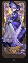1girl absurdly_long_hair absurdres artist_logo black_gloves bonnet character_name closed_mouth commentary dress full_body gloves hair_between_eyes highres logo long_dress long_hair long_sleeves looking_at_viewer purple_bonnet purple_dress purple_eyes purple_hair purple_petals rosemary_(wuthering_waves) solo steve_zheng very_long_hair wuthering_waves