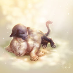 chimera closed_eyes closed_mouth cub dragon&#039;s_dogma dragon&#039;s_dogma_(series) forked_tongue fur goat light_particles lion lying multiple_heads no_humans on_side scales sleeping snake solo tongue wolfina