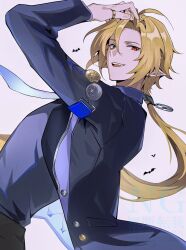 1boy arm_up black_jacket blonde_hair blue_shirt commentary fang hair_between_eyes heterochromia highres hugo_vlad jacket jewelry long_hair long_sleeves male_focus mole mole_under_eye necktie open_mouth plus_q pointy_ears ring shirt solo symbol-only_commentary twitter_username very_long_hair zenless_zone_zero