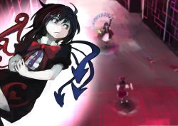 Rule 34 | 3girls, arm up, asymmetrical wings, back, bad id, bad twitter id, black dress, black hair, bow, dress, flying, gohei, gradient hair, hair ornament, hair ribbon, hakurei reimu, hijiri byakuren, hokkai, houjuu nue, ichiba youichi, japanese clothes, long hair, looking at another, makai (touhou), miko, multicolored hair, multiple girls, red eyes, ribbon, shirt, short hair, skirt, skirt set, sorcerer&#039;s sutra scroll, standing, touhou, vest, wings