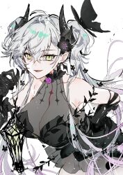 1girl absurdres bare_shoulders black_dress black_hands breasts colored_extremities crossed_bangs demon_girl demon_horns dress ear_piercing fate/grand_order fate_(series) green_eyes grey_hair highres horns large_breasts lilith_(fate) long_hair looking_at_viewer open_mouth piercing pointy_ears smile solo yakksan