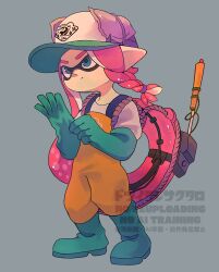 1girl 39_uxue arms_up baseball_cap boots braid commentary_request full_body gloves green_boots green_eyes green_gloves grey_background hat highres inkling inkling_girl inkling_player_character lifebuoy long_hair nintendo pink_hair pointy_ears rubber_boots rubber_gloves salmon_run_(splatoon) simple_background single_braid solo splatoon_(series) splatoon_3 standing swim_ring tentacle_hair watermark