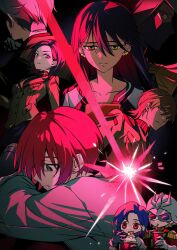 3d_glasses 4boys 4girls absurdres amate_yuzuriha aqua_eyes black_hair blue_hair brown_hair challia_bull char_aznable comoli_harcourt cup dirty dirty_face drinking drinking_straw drinking_straw_in_mouth eating epaulettes eye_mask food gloves gundam gundam_gquuuuuux helmet highres holding holding_cup jacket jonburrrr kycilia_zabi long_hair long_sleeves mask military_jacket military_uniform mouth_mask multiple_boys multiple_girls nyaan_(gundam_gquuuuuux) popcorn purple_hair red_eyes red_hair red_jacket sad short_hair shuji_ito xavier_olivette yellow_eyes