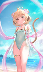1girl absurdres ahoge andira_(granblue_fantasy) andira_(summer)_(granblue_fantasy) animal_ears arms_behind_back beach blonde_hair blue_sky breasts casual_one-piece_swimsuit cloud commentary_request covered_navel day double_bun erune feet_out_of_frame flower fubuki_rinne granblue_fantasy green_one-piece_swimsuit hair_bun hair_flower hair_ornament highres horizon monkey_ears monkey_girl monkey_tail ocean one-piece_swimsuit outdoors red_eyes short_hair sky small_breasts solo swimsuit tail