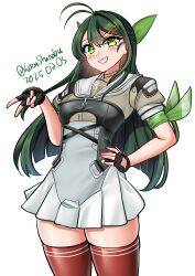 1girl absurdres ahoge antenna_hair black_gloves breasts dated fingerless_gloves gloves green_eyes green_hair grey_skirt hair_between_eyes hair_ornament hairclip highres kantai_collection katou_shinobu long_hair medium_breasts miniskirt pleated_skirt red_thighhighs sailor_collar school_uniform serafuku short_sleeves skindentation skirt smile solo sugi_(kancolle) thighhighs very_long_hair white_background