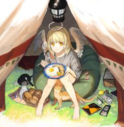 1other angel angel_wings bacon barefoot basket blonde_hair blunt_bangs bread butter cat cheese closed_mouth croissant cup cushion eating egg egg_(food) eyebrows feet food fork from_outside fruit frying_pan gawako grass grey_shirt halo highres holding holding_fork holding_plate jam knees_together_feet_apart lamp lemon long_sleeves looking_at_viewer no_legwear no_shoes notebook nutella original paint paintbrush painting_(object) paper plate sausage scissors shirt sitting solo_focus spoon tent toes water wings yellow_eyes