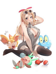 1girl ;d absurdres black_thighhighs blonde_hair blush breasts chespin cleavage fennekin froakie gen_6_pokemon grey_eyes hair_ornament highres large_breasts long_hair looking_at_viewer mega_ring meme_attire momdy_(talesshinja) nintendo one_eye_closed open_mouth paid_reward_available poke_ball poke_ball_(basic) pokemon pokemon_xy revealing_clothes serena_(pokemon) simple_background sitting smile starter_pokemon_trio sunglasses sunglasses_on_head thighhighs tongue tongue_out virgin_killer_sweater wariza white_background