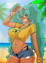 Rule 34 | 1girl, beach, brazilian miku, breasts, cosplay, dark-skinned female, dark skin, earrings, hatsune miku, hatsune miku (cosplay), highres, jeans shorts, jewelry, large breasts, long hair, panties, shorts, smile, solo, sunglasses, underwear