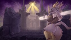 1girl absurdres animal_ears animal_nose ass back black_shirt blue_eyes bottomless breasts castle contrapposto furry furry_female grey_fur highres horns huge_ass large_breasts light looking_back mendobear_ no_panties no_pants pseudoregalia rabbit_ears ruins shirt sybil_(pseudoregalia) tail weapon