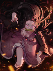 1girl absurdres bamboo bit_gag breasts fingernails gag gagged hancho_xo highres japanese_clothes kamado_nezuko kimetsu_no_yaiba kimono long_hair looking_at_viewer medium_breasts no_bra oni pink_eyes sharp_fingernails solo sparks thighs very_long_hair warrior