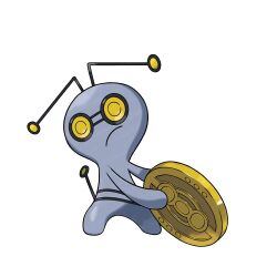 absurdres antennae artist_request closed_mouth coin full_body gimmighoul gimmighoul_(roaming) highres holding holding_coin nintendo official_art outline pokemon pokemon_(creature) pokemon_focus pokemon_sv solo third-party_source transparent_background white_outline yellow_eyes