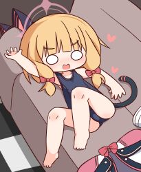 1girl animal_ear_headphones animal_ears bare_arms bare_legs bare_shoulders barefoot black_one-piece_swimsuit blonde_hair blue_archive blush bow checkered_floor couch fake_animal_ears hair_bow hana_kazari headphones headphones_removed heart highres jacket lying momoi_(blue_archive) o_o on_back on_couch one-piece_swimsuit open_mouth pink_bow red_bow solo swimsuit tail unworn_jacket v-shaped_eyebrows wavy_mouth white_jacket