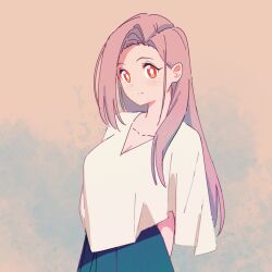 1girl arms_behind_back blue_skirt blush breasts closed_mouth commentary_request highres kamotsu large_breasts long_hair looking_at_viewer original pink_hair red_eyes shirt simple_background skirt solo v-neck white_shirt wide_sleeves