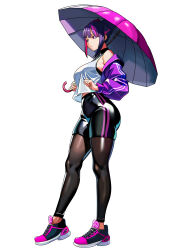 1girl absurdres alternate_costume black_shoes black_shorts breasts closed_mouth commentary full_body hair_horns han_juri high-waist_shorts highres holding holding_umbrella jacket jacket_partially_removed large_breasts looking_ahead multicolored_hair pink_hair purple_hair purple_jacket shoes shorts simple_background solo streaked_hair street_fighter two-tone_hair umbrella white_background yagi_(joe731842)