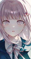 1girl brown_hair collared_shirt danganronpa_(series) danganronpa_2:_goodbye_despair flipped_hair fuwa_ko galaga hair_ornament highres jacket looking_at_viewer medium_hair nanami_chiaki neck_ribbon open_clothes pink_eyes pink_ribbon portrait ribbon shirt solo spaceship_hair_ornament tears teeth white_shirt