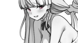 1boy 1girl alternate_costume blunt_bangs blush breasts choker cleavage dress eckert&amp;eich grabbing_another&#039;s_hair implied_sex kantai_collection kirov_(kancolle) long_hair looking_at_viewer open_mouth red_eyes simple_background upper_body white_background white_choker white_dress