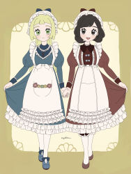 2girls :d absurdres alternate_costume apron black_hair blonde_hair bow closed_mouth commentary_request dress eyelashes green_eyes hat highres hiyokko2min holding_hands lillie_(pokemon) long_hair long_sleeves looking_at_viewer multiple_girls nintendo open_mouth pokemon pokemon_sm red_dress selene_(pokemon) shoes short_hair signature smile standing white_apron white_hat