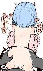 1boy 1girl absurdres ass back bar_censor bat_wings blue_hair censored commentary_request dark-skinned_male dark_skin doggystyle ei_tantan facing_away grabbing_another&#039;s_ass groping hetero highres linea_alba long_sleeves low_wings pink_shirt pointy_ears remilia_scarlet sex sex_from_behind shirt short_hair touhou trembling white_background wings