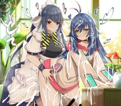1futa 1girl :3 after_ejaculation ahoge apron bar_censor black_choker black_dress blue_dress blue_hair blush breasts brown_shirt censored choker closed_mouth commission cum cum_on_body cum_on_clothes cum_on_hair dress excessive_cum facial futa_with_female futanari grin hair_between_eyes hair_ornament hairclip highres huge_penis indoors large_breasts leaf long_hair long_sleeves maid maid_apron maid_headdress motion_lines multicolored_dress open_mouth orein original penis red_eyes rolling_eyes sex shirt sidelocks skeb_commission smile standing torso_grab variant_set vase white_dress window yellow_eyes