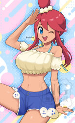 1girl ;d absurdres arm_up bare_shoulders beads blue_eyes blue_shorts breasts collarbone commentary_request eyelashes hair_beads hair_ornament happy highres midriff navel nintendo off-shoulder_shirt off_shoulder official_alternate_costume one_eye_closed one_side_up open_mouth pokemon pokemon_masters_ex red_hair rurihikop shirt short_shorts shorts sidelocks skyla_(pokemon) skyla_(summer_2025)_(pokemon) smile solo teeth twitter_username upper_teeth_only watermark yellow_shirt