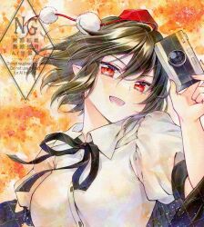 1girl alto2019 black_hair camera feathered_wings hat highres holding holding_camera looking_at_viewer pointy_ears red_eyes red_hat shameimaru_aya shirt short_hair smile solo tokin_hat touhou watermark white_shirt wings
