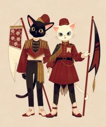 Rule 34 | 2others, :&lt;, arm at side, arm behind back, banner, beige background, belt, black belt, black cat, black pants, blue eyes, cat, closed mouth, clothing request, commentary request, epaulettes, floral print, full body, furry, green eyes, hat, headwear request, holding, ikkaf sk, legs apart, long sleeves, looking at viewer, multiple others, original, pants, puffy long sleeves, puffy sleeves, red footwear, red headwear, rose print, shirt, shirt tucked in, simple background, slit pupils, standing, straight-on, tareme, tongue, tongue out, tsurime, white cat, white footwear, white shirt