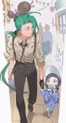 2girls absurdres black_eyes black_hair black_pants brown_hair child collared_shirt eating food gen_2_pokemon green_hair hand_in_pocket highres himuro_yukichiko holding_hands ice_cream long_hair looking_to_the_side multiple_girls nintendo paldean_wooper pants pokemon pokemon_(creature) pokemon_sv poppy_(pokemon) rika_(pokemon) shirt sleeves_rolled_up suspenders very_long_hair walking white_shirt wooper