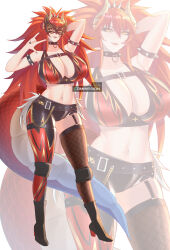 1girl \m/ absurdres asymmetrical_clothes asymmetrical_legwear black_boots black_nails boots breasts brown_thighhighs chain cleavage commentary commission contrapposto dragon_horns dragon_tail english_commentary eye_mask fishnet_thighhighs fishnets flame_print full_body gold_chain hair_between_eyes highres horns huge_breasts indie_virtual_youtuber leather leather_pants long_hair looking_at_viewer multicolored_hair nail_polish orange_hair pants pants_around_one_leg parted_lips single_pantsleg single_thighhigh spiked_hair tail thighhighs two-tone_hair very_long_hair virtual_youtuber white_hair wotengu yellow_eyes zentreya