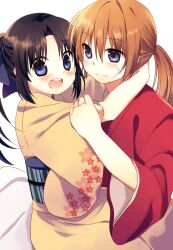 1boy 1girl arms_around_neck black_hair blue_eyes blue_ribbon blush closed_mouth commentary_request couple cross_scar facial_scar floral_print hair_between_eyes hair_ribbon high_ponytail highres himura_kenshin hug japanese_clothes kamiya_kaoru kimono long_hair looking_at_another looking_at_viewer obi open_mouth orange_hair ponytail print_kimono purple_eyes red_kimono ribbon rurouni_kenshin sash scar scar_on_cheek scar_on_face smile tatara_maguro teeth upper_teeth_only white_background wide_sleeves yellow_kimono