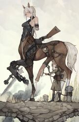 1boy 1futa 2girls absurdres animal_ears animal_penis bandaged_arm bandages bare_shoulders belt blonde_hair blue_eyes boots breasts centaur closed_mouth cum cum_bucket cum_in_bucket cum_in_container full_body futanari gloves gun handjob hat highres holding holding_gun holding_weapon hooves horse_ears horse_penis horse_tail huge_penis iuui long_hair looking_at_another looking_at_penis looking_at_viewer mechanical_legs medium_breasts monster_girl multiple_girls outdoors penis penis_awe ponytail pouch prosthesis rifle saddle sideboob sidelocks smile standing sword tail taur weapon white_hair