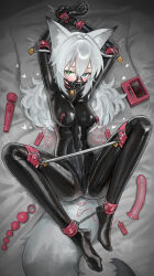 1girl absurdres anal_beads animal_ear_fluff animal_ears blue_eyes bodysuit breasts collar commentary cuffs dildo egg_vibrator english_commentary fox_ears fox_girl fox_tail gag gagged green_eyes heterochromia highres hitachi_magic_wand impossible_bodysuit impossible_clothes large_variant_set latex latex_bodysuit leotard lock lockbox long_hair looking_at_viewer medium_breasts open_mouth original panel_gag restrained saaal653 saliva saliva_trail sex_toy shackles skin_tight spread_legs spreader_bar tail variant_set very_long_hair vibrator