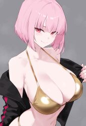 1girl absurdres alternate_costume bare_shoulders bikini black_jacket bluefield blunt_bangs breasts cleavage closed_mouth commentary gold_bikini golden_week grey_background halterneck highres hololive hololive_english jacket large_breasts looking_at_viewer mori_calliope nail_polish navel off_shoulder open_clothes open_jacket pink_eyes pink_hair pink_nails short_hair simple_background smile solo string_bikini swimsuit virtual_youtuber