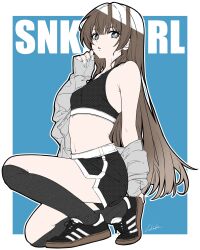 1girl bambi_surprise black_shorts black_socks black_tank_top blue_background border crop_top from_side full_body highres kneehighs kneeling long_hair looking_at_viewer navel original outline shoes short_shorts shorts signature sneakers socks solo tank_top white_border white_outline