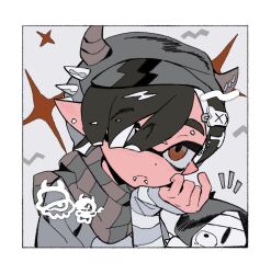 1boy 1other bakori514_(h_akka) black_hair border closed_mouth face_piercing grey_background grey_hat grey_horns grey_scarf grey_shirt grey_sleeves hair_ornament hair_over_one_eye half-closed_eyes hand_on_own_chin hand_up hat head_rest horned_hat horns inkling inkling_boy inkling_player_character light_frown lip_piercing male_focus nintendo notice_lines piercing pointy_ears red_eyes scarf shirt side_part sleeves_past_wrists solo_focus spiked_hat splatoon_(series) striped_clothes striped_scarf striped_sleeves upper_body white_border