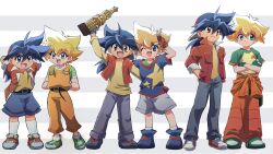 2boys age_progression backwards_hat bakuten_shoot_beyblade baseball_cap beyblade blonde_hair blue_eyes blue_gloves blue_hair blue_hat blue_pants blue_shirt blue_shorts brown_eyes brown_gloves child denim fingerless_gloves full_body gloves green_gloves green_shirt grey_shorts hat highres holding holding_trophy kinomiya_takao long_hair male_focus medium_hair mizuhara_max multiple_boys orange_overalls orange_pants overalls pants ponytail print_shirt red_hat shirt shorts standing star_(symbol) star_print tkoknmy0321 trophy yellow_shirt