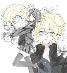 Rule 34 | 1boy, 1girl, :3, ?, animal ears, arknights, bird girl, black eyes, black hair, black jacket, black shoes, black skirt, black sweater, black thighhighs, blonde hair, blue eyes, blue shirt, blue vest, charm (object), choker, closed mouth, dog boy, dog ears, dog tail, feather hair, grey shorts, hair ornament, hairclip, hand up, highres, holding, holding stuffed toy, hood, hooded jacket, jacket, jewelry, knee up, la pluma (arknights), looking at viewer, multiple necklaces, necklace, one eye closed, open clothes, open jacket, rabbit, shirt, shoes, shorts, skirt, speech bubble, step-siblings, stuffed toy, sweat, sweater, tail, tequila (arknights), thighhighs, umogame, vest, white background