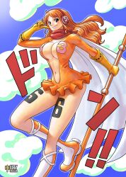 alternate_costume ascot blue_background blue_sky boots breasts cleavage clima-tact cloud cosplay dress fake_trading_card gloves hand_up headphones highres holding holding_staff iury_padilha knee_boots large_breasts leg_tattoo long_sleeves microdress multicolored_boots nami_(one_piece) number_tattoo oda_eiichirou_(style) official_style one_piece orange_boots orange_dress plunging_neckline red_ascot sky smile sound_effects staff tattoo two-tone_boots vinsmoke_reiju vinsmoke_reiju_(cosplay) white_boots yellow_gloves