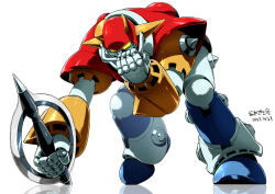 Rule 34 | american football helmet, american football uniform, artist name, clenched hands, dated, diapolon, full body, helmet, holding, mecha, mecha focus, nakazaki tou, no humans, retro artstyle, robot, science fiction, signature, simple background, solo, sportswear, standing, super robot, ufo senshi dai apolon, weapon, white background, yellow eyes