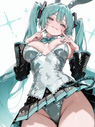 animal_ears aqua_eyes aqua_hair bare_shoulders blush breasts detached_sleeves fake_animal_ears hatsune_miku highres large_breasts leotard looking_down panties playboy_bunny pointing pointing_at_self skirt smile torajiroon twintails underwear