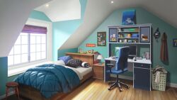 alarm_clock bed bedroom book cloak clock day desk desk_lamp drawer highres indoors lamp laundry_basket monitor no_humans non-web_source official_art our_life:_beginnings_and_always photo_(object) pillow poster_(object) radio scenery scuba_gear sign stool swivel_chair variant_set window window_blinds wooden_floor